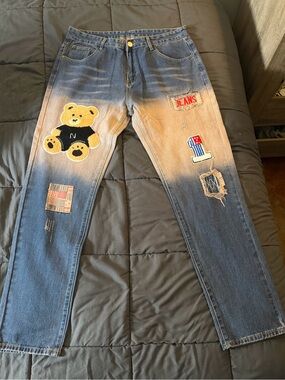 Men’s Patchwork Teddy Bear Distressed Jeans
